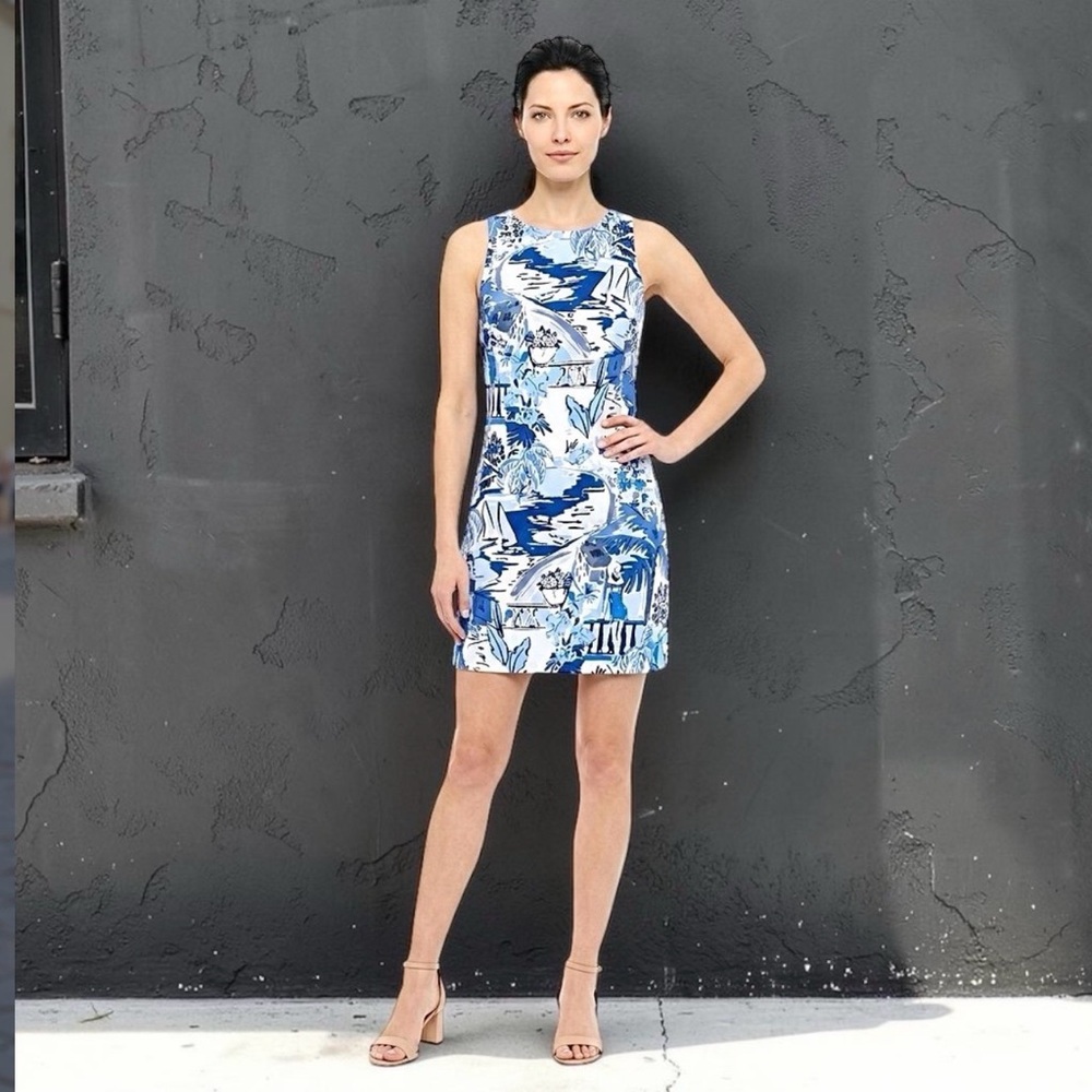 London Time Women’s Vacation Pattern Blue White Shift Mini Dress Sz 12, Large